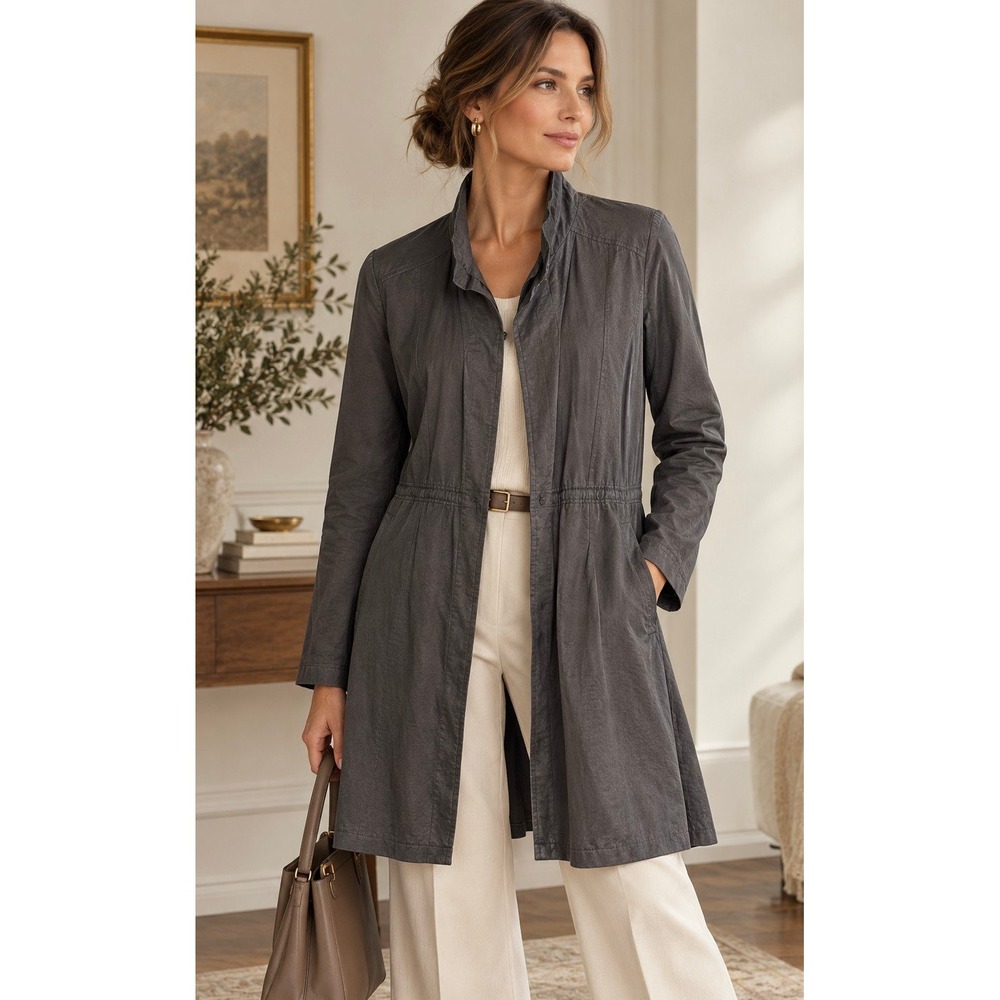 Eileen Fisher Womens Jacket Coat XL Gray Metallic Satin Quiet Luxury